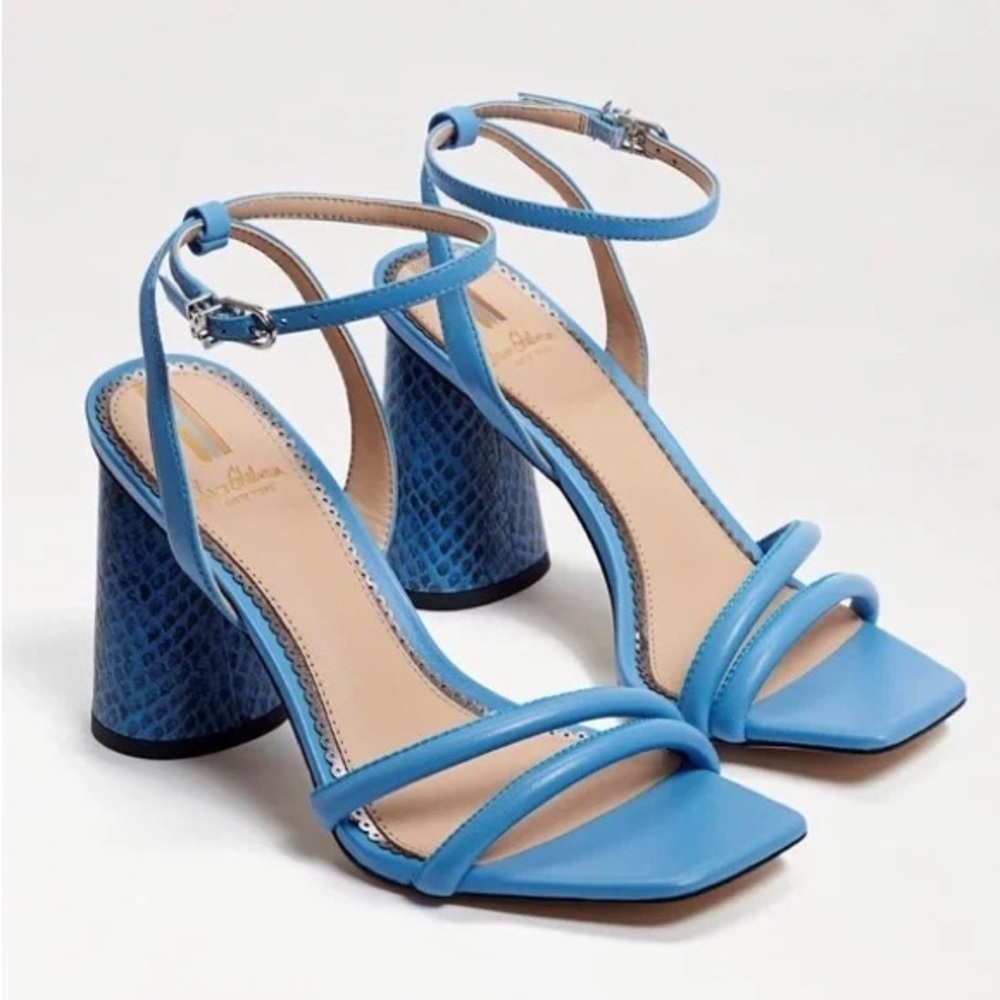 Sam Edelman Kia Block Heel Sandal Ankle Strap Square Toe True Blue Snakeskin